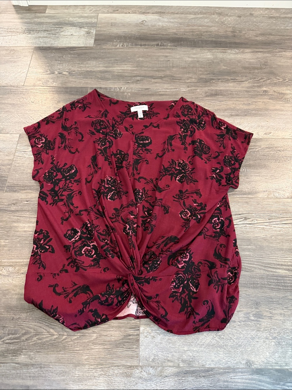Addition Elle Women's Knot-Front Floral Top - Burgundy